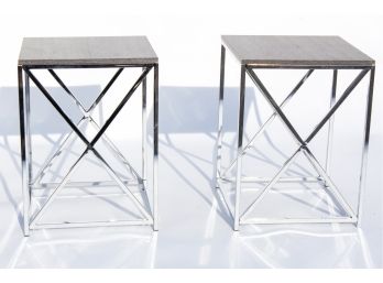 Mid Century Modern X Form Chrome & Cerused Wood Grain End Tables- A Pair