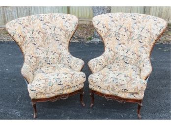 An Interesting Pair Of Upholstered Wingback Armchairs W/ Nailheads