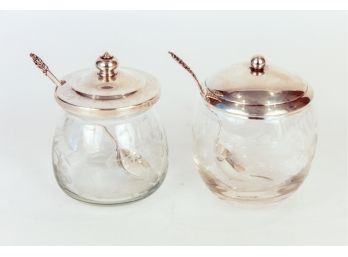 Two Sterling Silver & Etched Glass Jam Jars W/ Sterling Silver Spoons & Lids