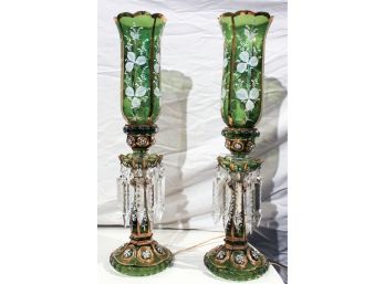 Bohemian Green Glass Hand Painted Mantle Lustres- A Pair
