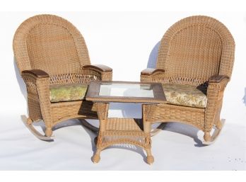 Pair Of All Weather Wicker Rocking Chairs W/ Matching Wicker & Wood Table
