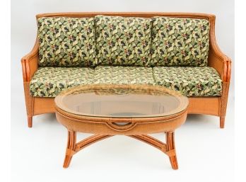 Modern Wicker Couch With Jungle Pattern Upholstery & Matching Glasstop Coffee Table