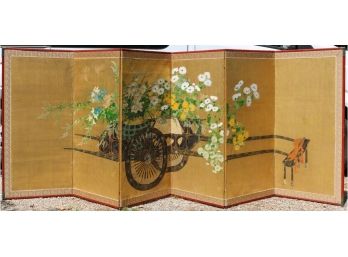 Large Early 20th Century Japanese Hand-painted Six-Panel Screen