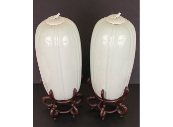 Maitland-Smith Celadon Porcelain Lidded Urns On Base- A Pair