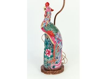 Early 20th Century Chinese Polychrome Porcelain Phoenix Bird Lamp