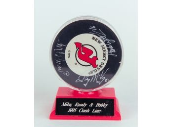 1995 NJ Devils NHL Champs 'Crash Line' Signed Hockey Puck- Mike Peluso, Bobby Holik, Randy McKay