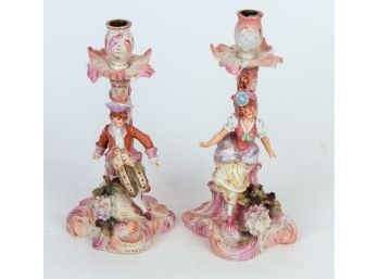 Pair Of Courting  Antique Hand Painted Capodimonte Figurative Candlesticks