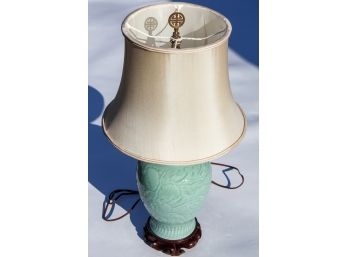 Incised Decorated Celadon Porcelain Table Lamp W/ Shade