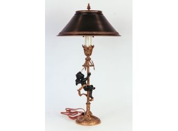Mid 20th Century Gilt Bronze Cherub Table Lamp With Tole Shade