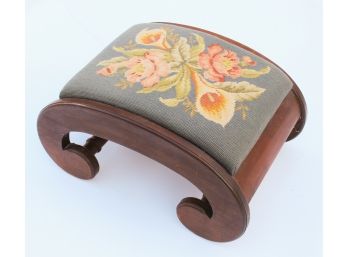 Vintage Empire-style Upholstered Floral Needlepoint Wooden Footstool