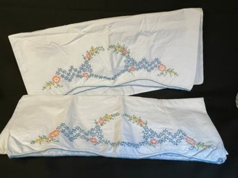 Two Hand Embroidered Standard Pillowcases - Crisp Vintage Cotton