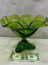 Vintage MCM Footed Green Glass Bowl