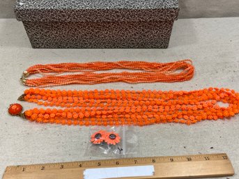 That's Some ORANGE!  2 Necklaces And Vintage Clip Earrings