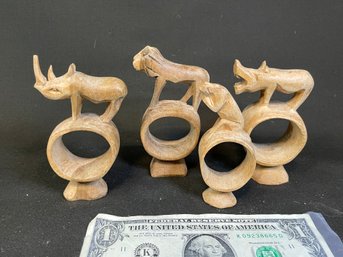 4 Retro Handcarved Napkin Rings African Animals