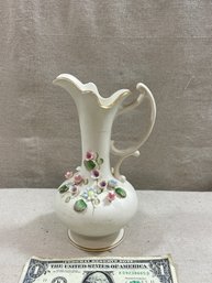 Lefton? Vintage White Porcelain Vase With 3-d Flowers. Great Shape.