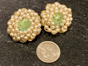 Vintage Pearl And Green 'stone' Clip Earrings