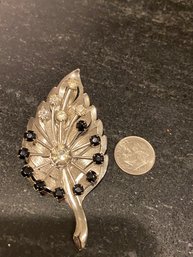 Vintage Leaf Pin With Black Stones And Rhinestones