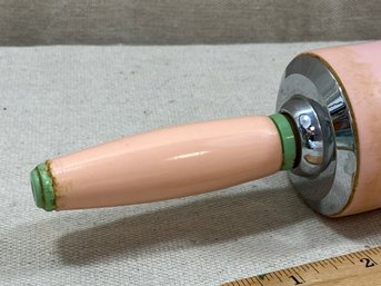 Absolutely Adorable Pink Vintage Rolling Pin With Green Accents.