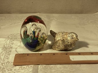 Handblown Glass Paper Weight And Bird
