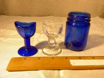 2 Antique Eye Washers And Cobalt Blue Bottle