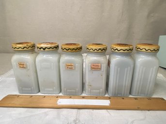 Six Milk Glass Vintage Spice Jars With Handpainted Lids