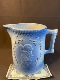 Antique Salt Glazed Blue And White Stoneware Pitcher