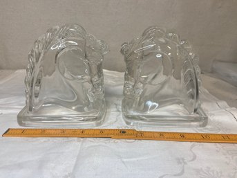 Vintage 1940s Pair Clear Federal Pressed Glass Horse Head Bookends.