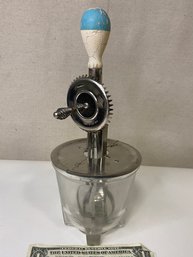 Vintage Depression Era  A&J Kitchen Hand Egg Beater Mixer W/ Original Glass Measuring Jar Cup Bowl Made In USA