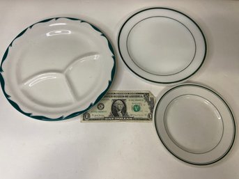 3 Pieces Of Restaurant China Decorated In Green