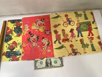 Three Pieces Of Vintage Wrapping Paper.  The Clowns Are Not Super Scary