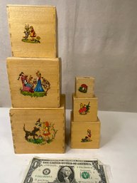 Set Of 6 Vintage Nesting Boxes With Adorable Art On Each Side