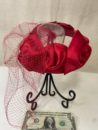 Vintage Red Satin Veiled Hat - Stunning