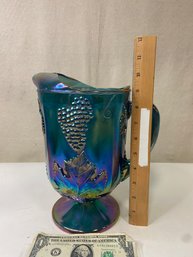 Vintage Blue Carnival Glass Pitcher - Pretty Large