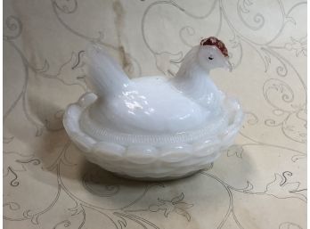 Vintage Milkglass Chicken In A Basket