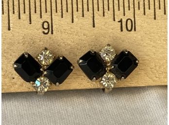 Vintage Black And Rhinestone Clip Earrings