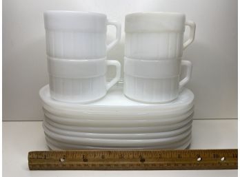 Milk Glass Mugs And Saucers, Set Of 4 (4 Extra Plates)