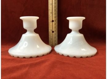 Set Of White Glass Candle Stick Holders
