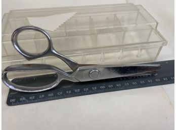 Pair Of Working Pinking Shears And Plastic Sewing Box With Lid