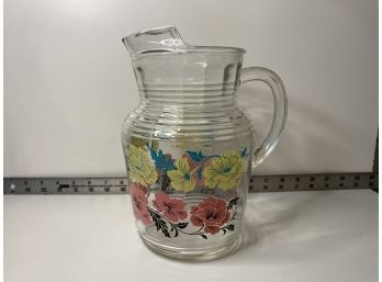 Retro MCM Floral Ribbed Glass Pitcher