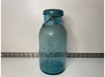 Vintage 1910s Blue Ball Jar 1/2 Gallon With Glass Lid And Handle