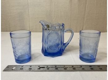 Vintage Tiara Blue Glass Nursery Rhyme Pitcher And Cups In Original Box
