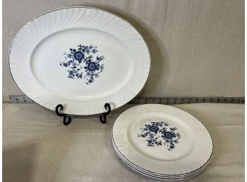 Royal Blue Ironstone Wedgwood China Set: 3 Dinner Plates & 1 Serving Platter