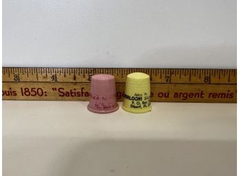 Vintage Advertising Thimbles: Heirloom Stitchery, And One With Text Rubbed Off