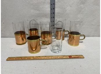 Set Of 6 Vintage Beucler Copper Brass Glass Cups