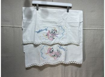 Vintage Embroidered 'willing' And 'able' Pillow Case Set Of 2