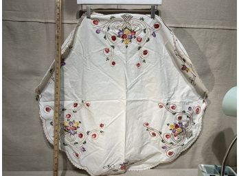Vintage Embroidered Small Round Table Cloth Floral Vase Design