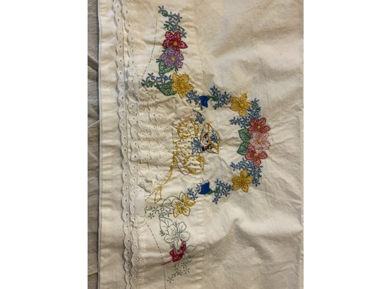 Vintage Embroidered Pillow Case With Lace Edge (woman And Flowers - Unfinished - Set Of Two)