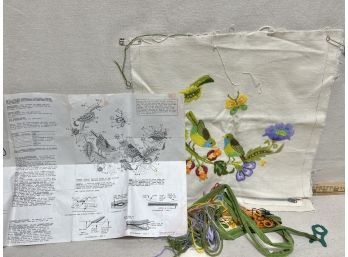 Vintage Bird Pillow Embroidery Kit, Partially Finished