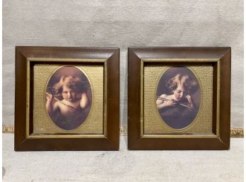 Pair Of Wooden Vintage Framed Cupid Asleep And Cupid Awake Prints