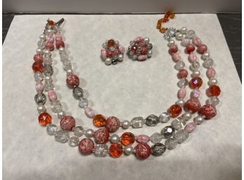Vintage Necklace & Earrings Pink Beaded